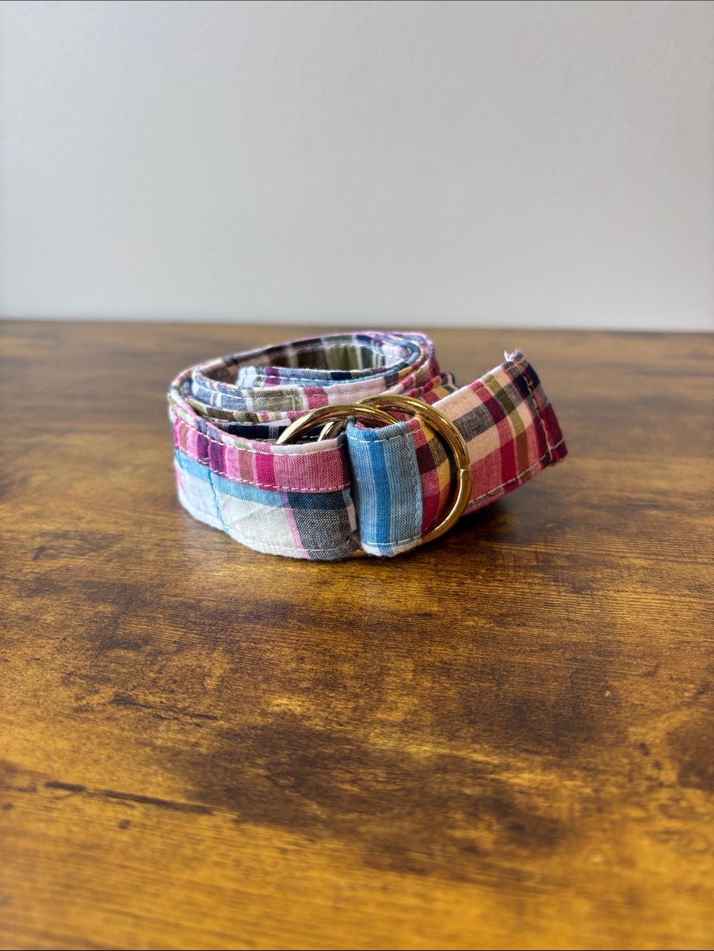 Madras Belt Susan Towner Plaid Fabric Double-Ring Belt in Pink, Blue, and White